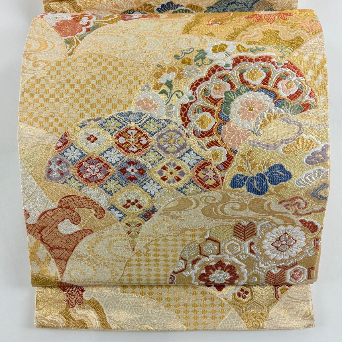 袋帯 秀品 雪輪青海波 華文 金銀糸 箔 ベージュ 六通 正絹