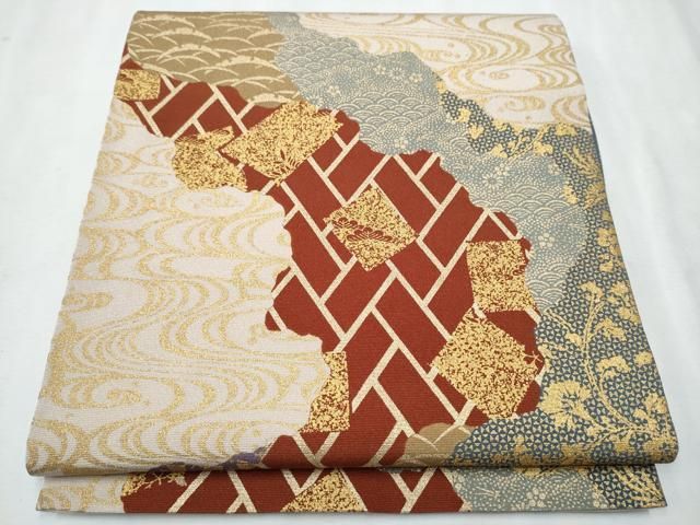 平和屋着物●善之助　着物ブランド　一期一会　全通柄袋帯　流水草花文　金彩　正絹　逸品　CAAV6922hy 平和屋着物○善之助 着物ブランド 一期一会 全通柄袋帯 流水草花文