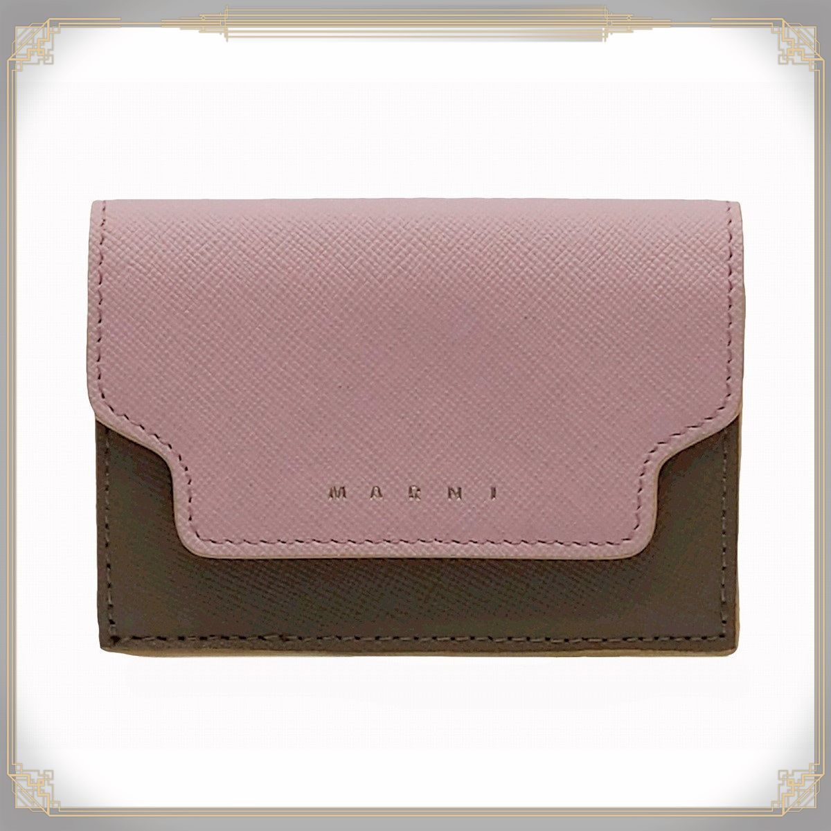 【中古】MARNI マルニ サフィアーノ レザー シンダーローズ カーキベージュ系 ブルーグリーン系 財布 三つ折りウォレット 三つ折り財布 ミニ財布  ゴールド金具 RFMOW02U09 LV520