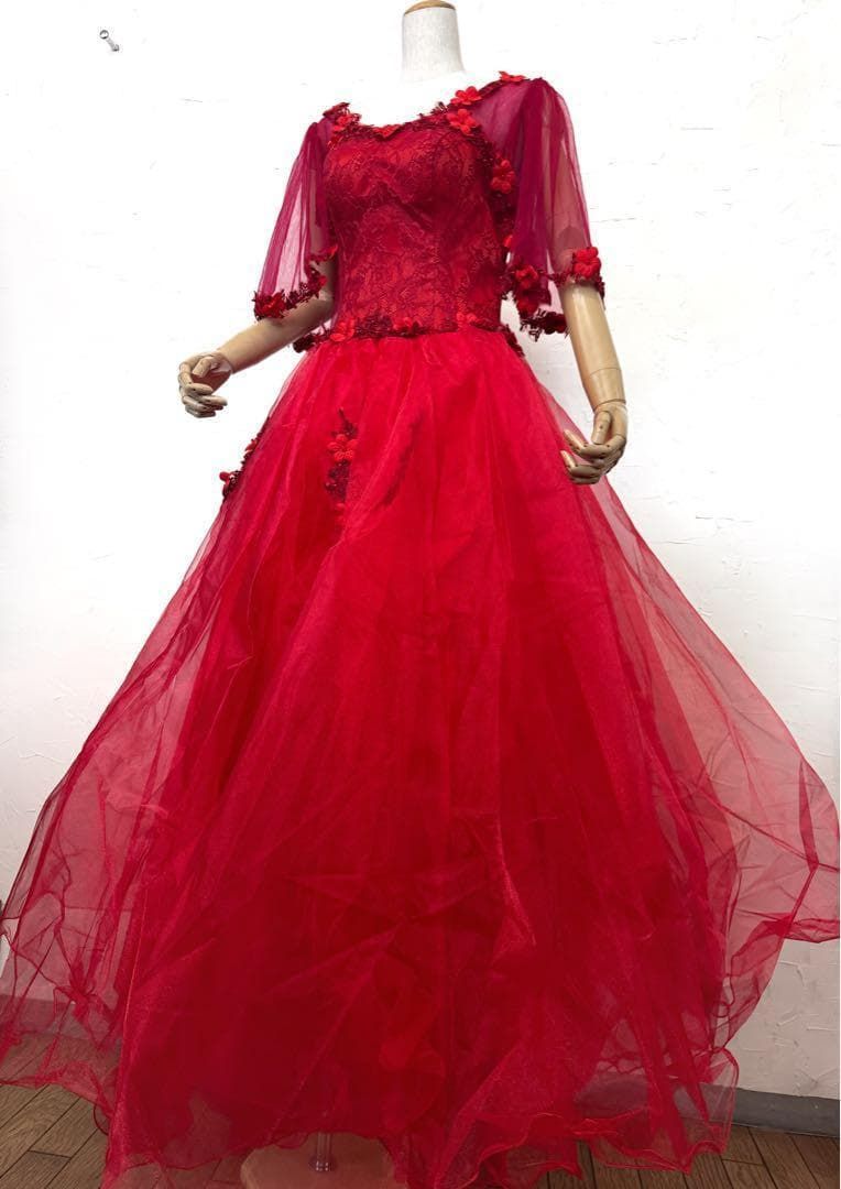 ステージ衣装 赤 レースロングドレスb615A