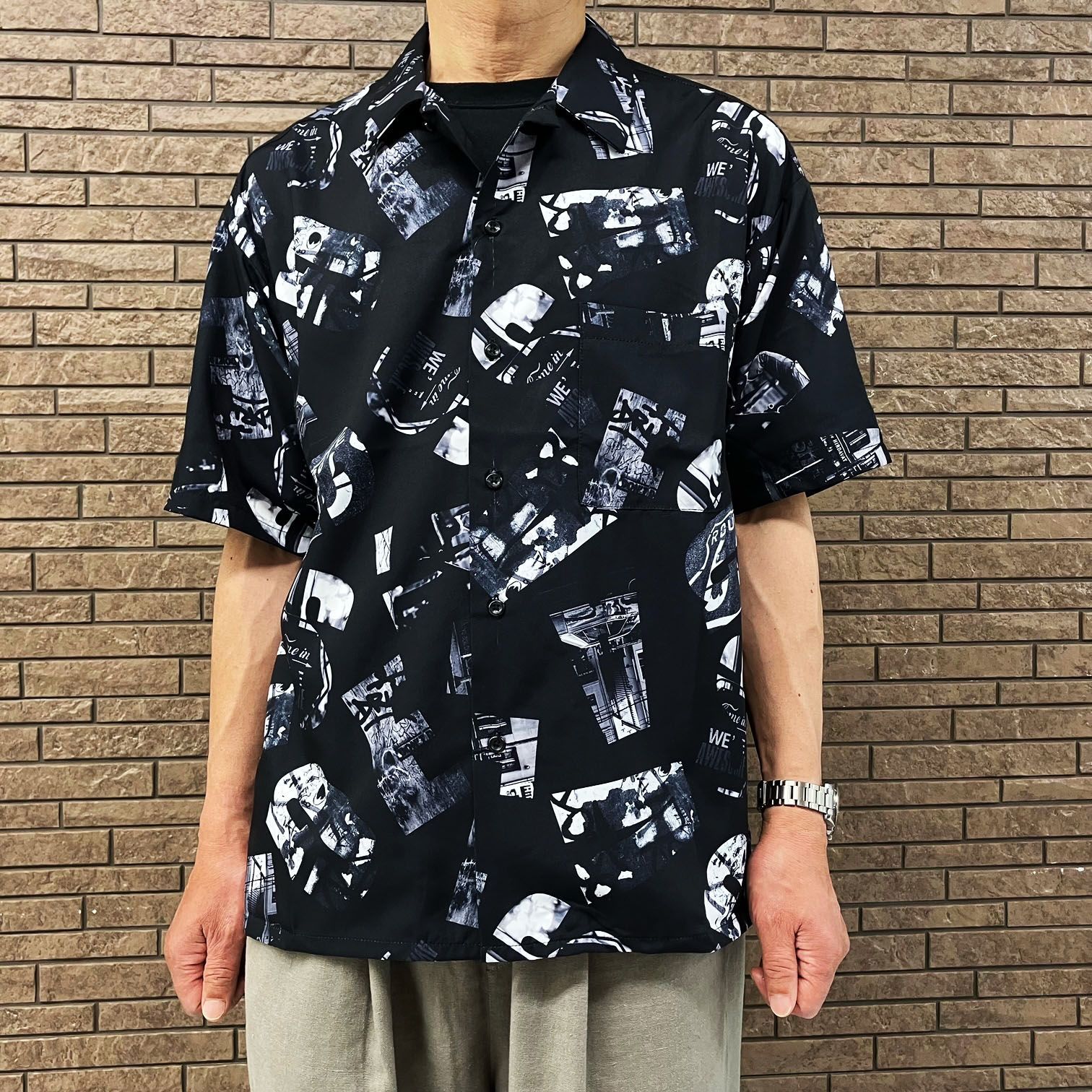 SUGGESTION グラフィック ロゴ 総柄 開襟 オーバー サイズ