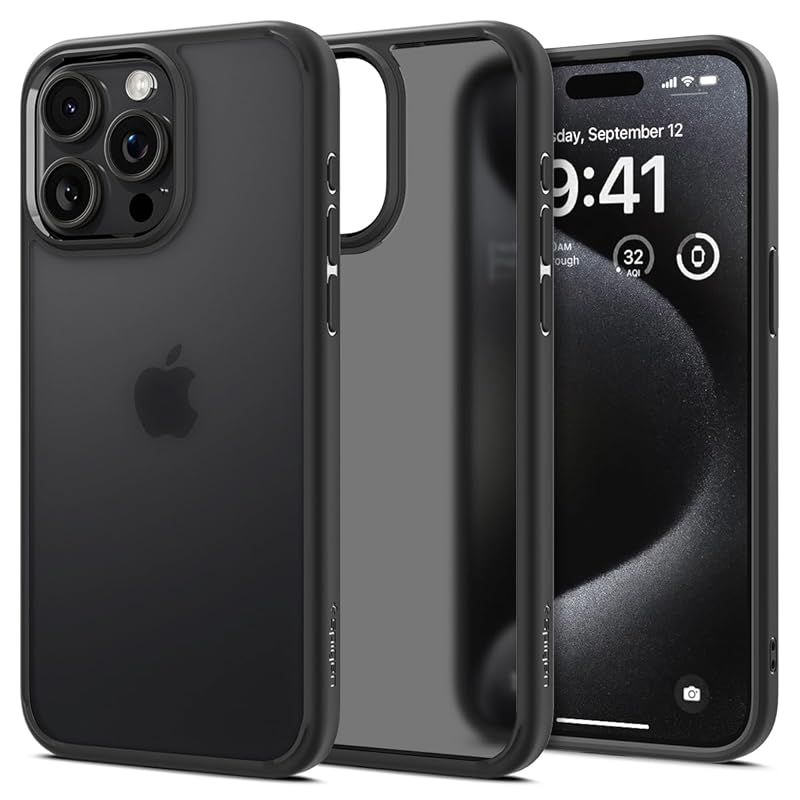Spigen iPhone 15 Pro Max ケース 半透明 ストラップホール 米軍MIL規格 ウルトラ・ハイブリッド ACS06568 (フロスト・ブラック) 1