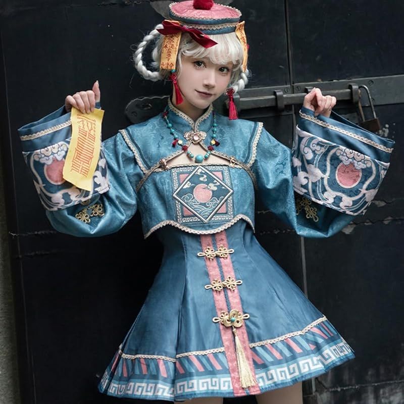 スフォン ハロウィン コスプレ衣装 キョンシー ゾンビ 大きいサイズ チャイナ服 大人 女性 かわいい レディース ゴスロリ 帽子 トップス ワンピース コスチューム 仮装 パーティー イベント ブルー 2XL 0