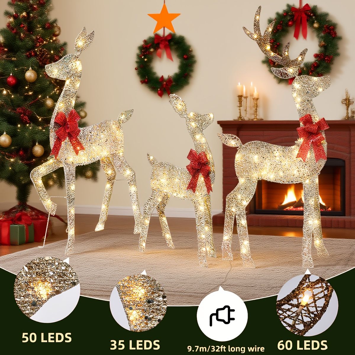 クリスマス屋外装飾 トナカイファミリー 3点セット 庭 パティオ 芝生用 ウォームホワイトLED145灯 9.7m延長コード 全天候型 自立型 金属製 室内 屋外兼用 ホリデーイルミネーション