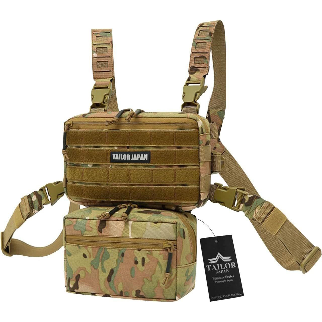 TAILOR JAPAN マイクロチェストリグ チェストリグ タクティカルベスト サバゲーベスト 軽量 ベルクロ モール ハイブリットシステム 1000Ｄナイロン バックパック拡張機能 ウエストサポートベルト付き マルチカム ポーチ付き