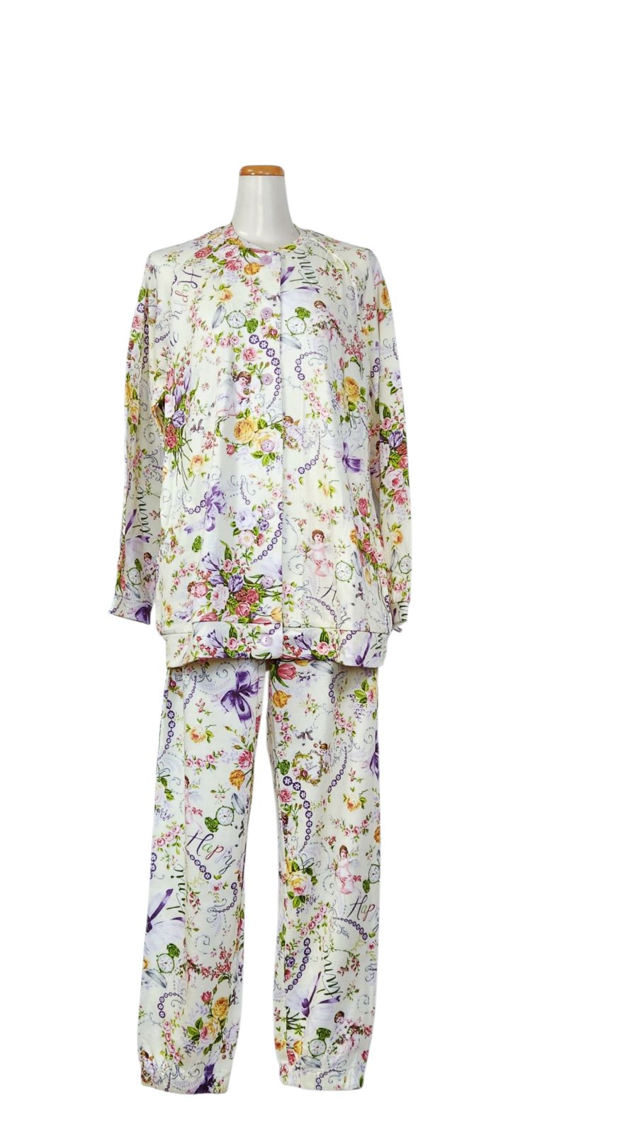 鴨居羊子パジャマ TUNIC 秋冬物 長袖 前開き全開パジャマ 40接結 大バラ天使 淡クリーム色36385