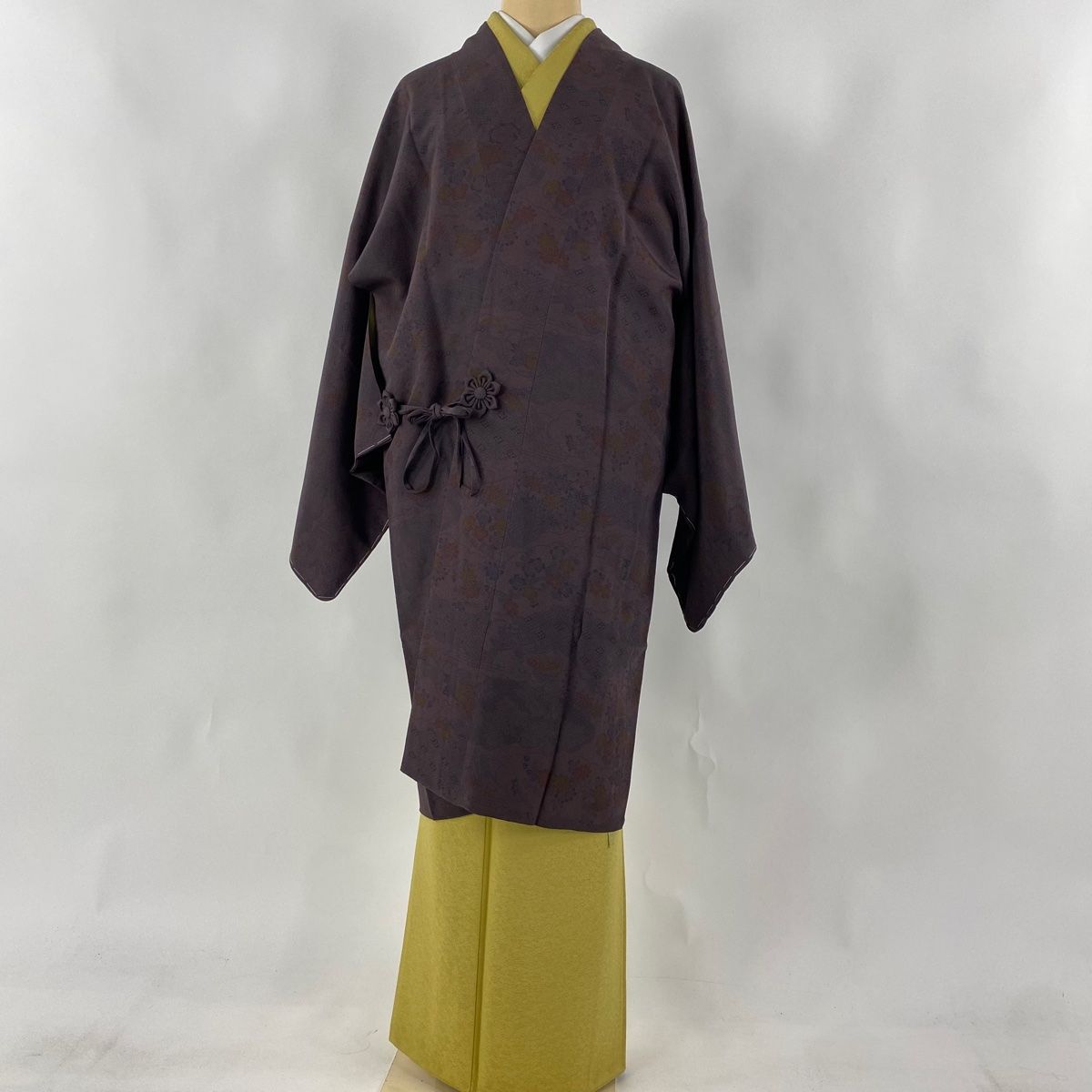 道中着 身丈109cm 裄丈64.5cm M 和装コート 鳥 華文 紋意匠 灰色 正絹  