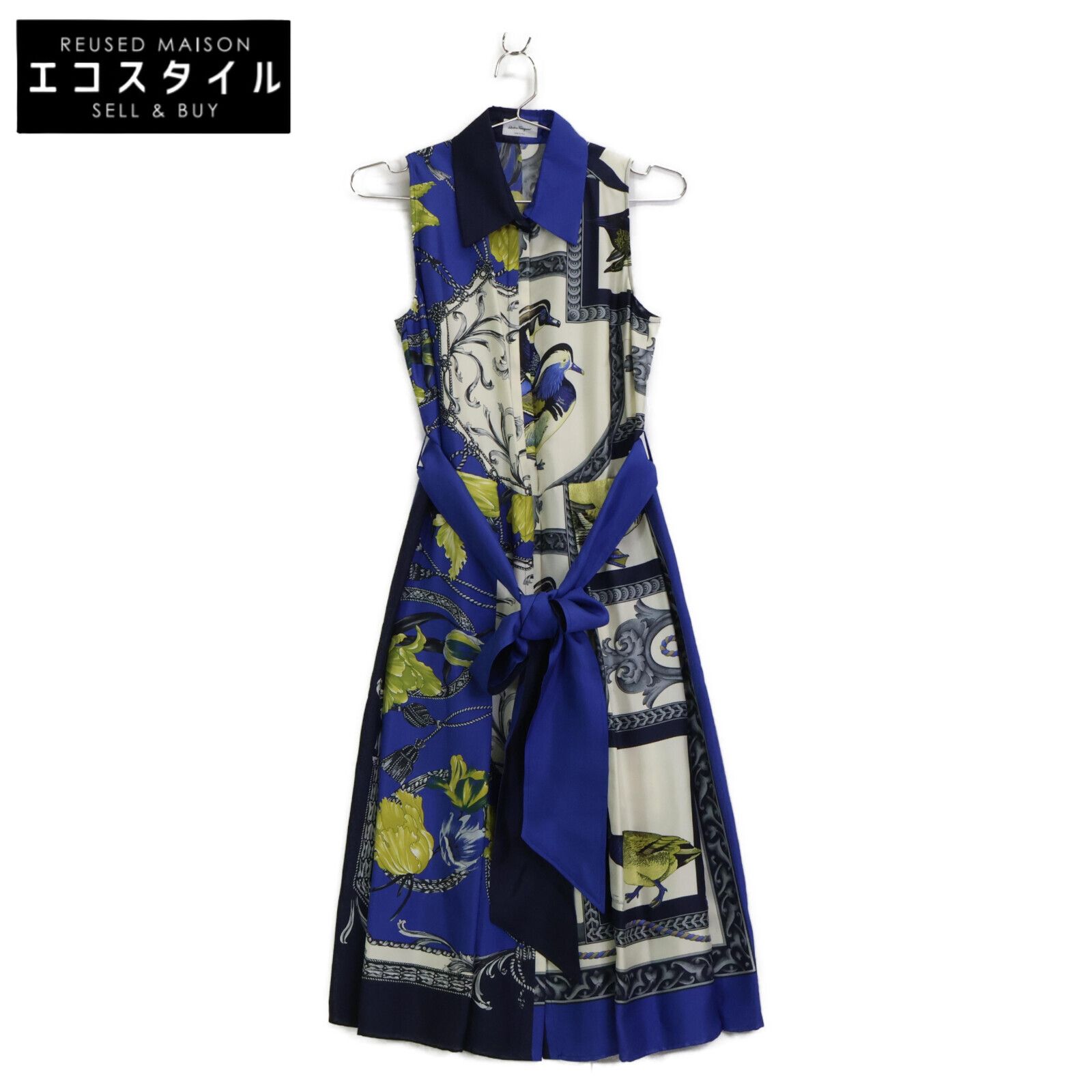 Salvatore Ferragamo サルヴァトーレフェラガモ ブルー×ベージュ 鳥柄 ベルト付き シルクシャツドレス ワンピース 38