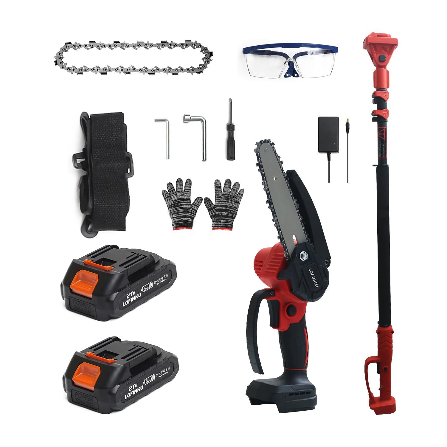 フォロー割 高枝切り電動チェーンソー 2個バッテリー 充電式 チェーンソー 伸縮式延長ポール付き 最長245CM 角度調節 持ち運び便利 芸用具 パワフル プロ伐採 園芸 RED-A1