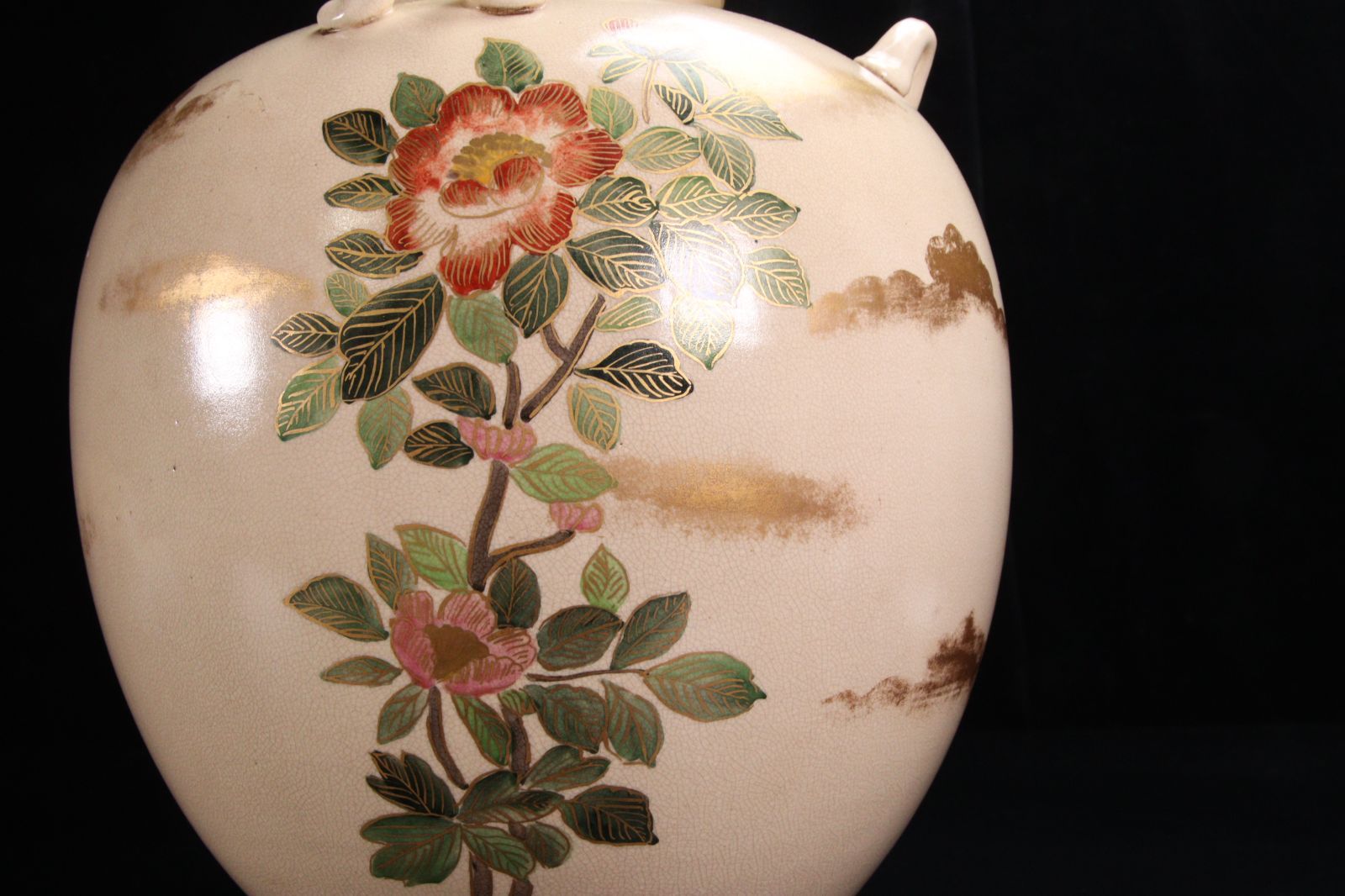 仁清焼 野々村仁清作 色絵金彩竹椿図四耳壷 28.5cm 唐物 骨董 古