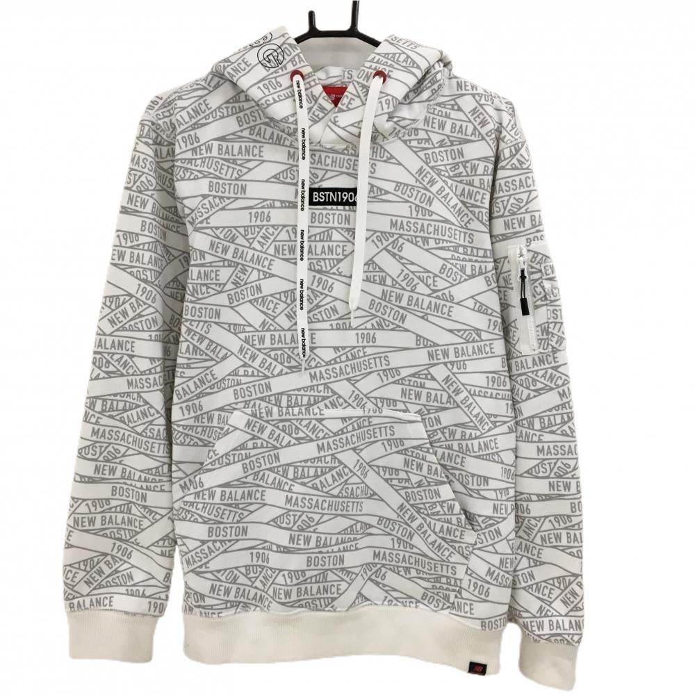 ニューバランスゴルフ パーカー 白×グレー ロゴ総柄 裏起毛 トレーナー