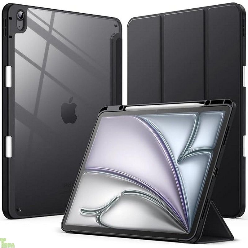 JEDirect iPad Air 13インチ M3/M2（2025/2024）用ケース Pencilホルダー付き 透明バックカバー スリムスタンド 衝撃吸収 タブレットカバー オートウェイク/スリープ機能 (ブラック)