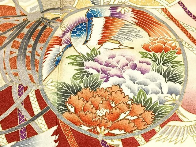 平和屋着物□豪華振袖 駒刺繍 鼓飛鶴花車文 暈し染め 金彩 正絹