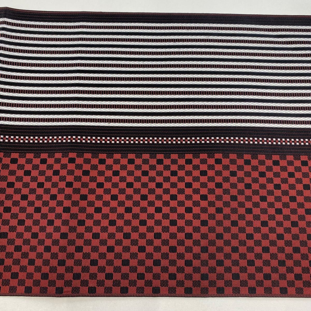 名古屋帯 美品 秀品 八寸名古屋帯 松葉仕立て 市松 縞 えんじ色 正絹