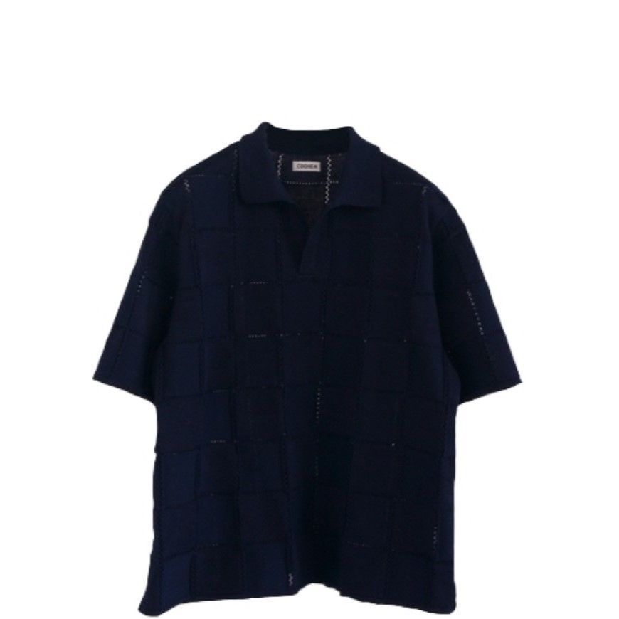 COOHEM / LINKS CHECK KNIT PULLOVER  NAVY