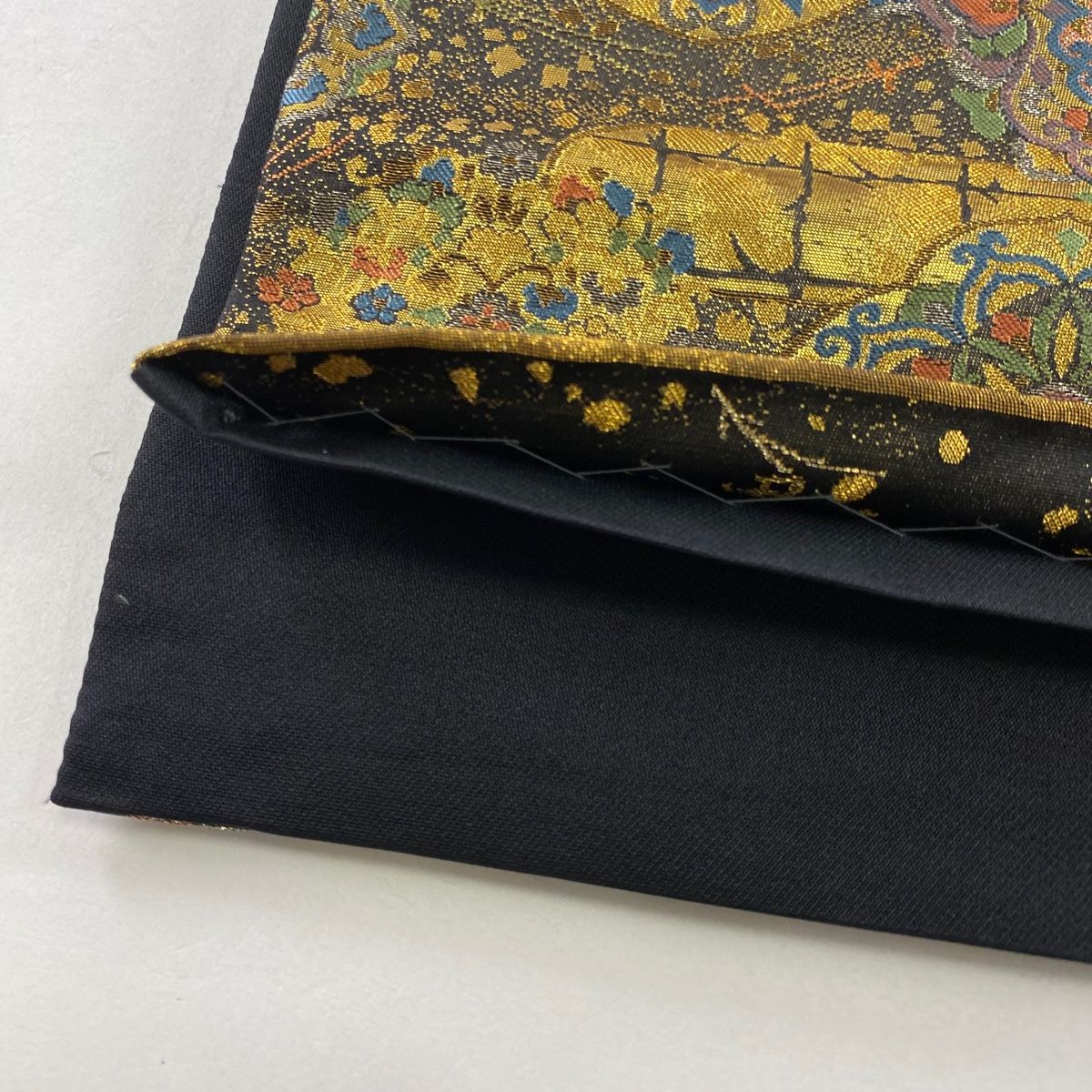 袋帯 美品 秀品 華文 ヱ霞 金銀糸 箔 黒 六通 正絹 【中古