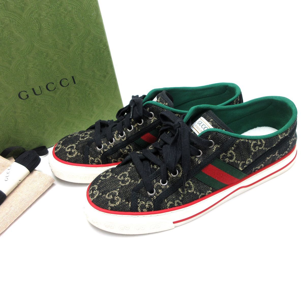 グッチ テニス1997 ローカット スニーカー メンズ GG デニム 黒 ウェブライン 7+ GUCCI TENNIS 箱