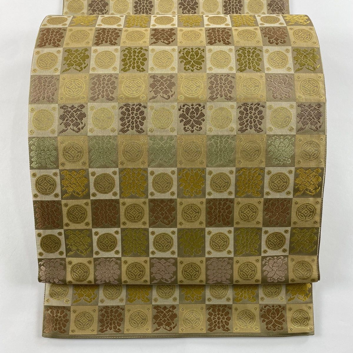 袋帯 名品 箔屋清兵衛 落款 草木染 市松 幾何学模様 箔 灰茶 六通 正絹
