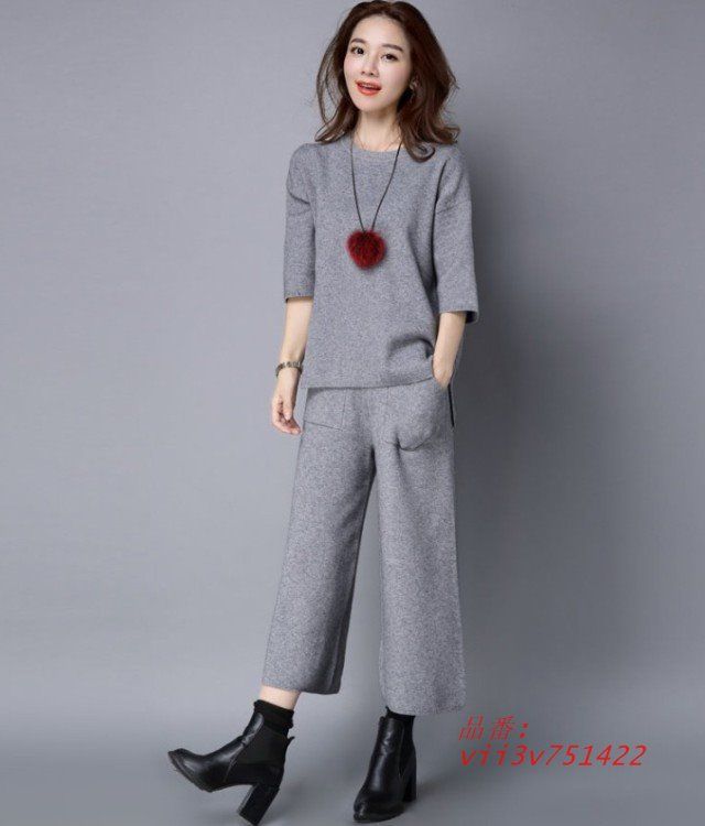 セットアップ ニット レディース パンツスーツ おしゃれ シンプル 4L 五分袖 赤 カジュアル 黒 3L 大きいサイズ アンクルパンツ トップス きれいめ vii3v751422