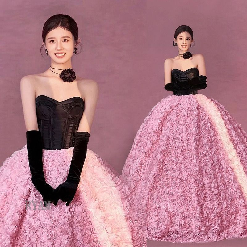 プリンセスドレス ウェディングドレス ピンク ブラック ゴージャス ロング丈 舞台 結婚 結婚式 カップル 前撮り 写真撮影 発表会 写真 スタジオ お洒落 フェミニン ガーリー 大きいサイズ SNS