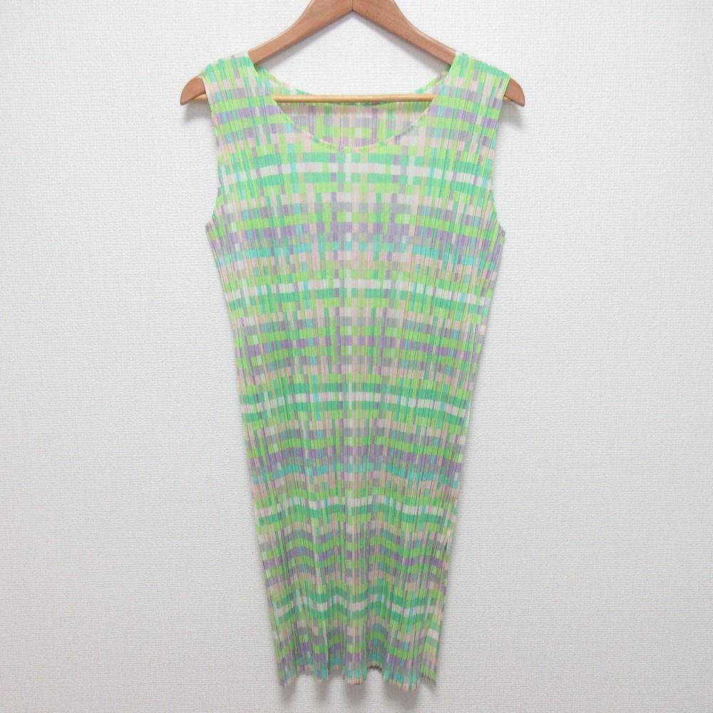 PLEATS PLEASE プリーツプリーズ イッセイミヤケ ノースリーブワンピース PP51-JK637 サイズ3 グリーン マルチカラー レディース 古着