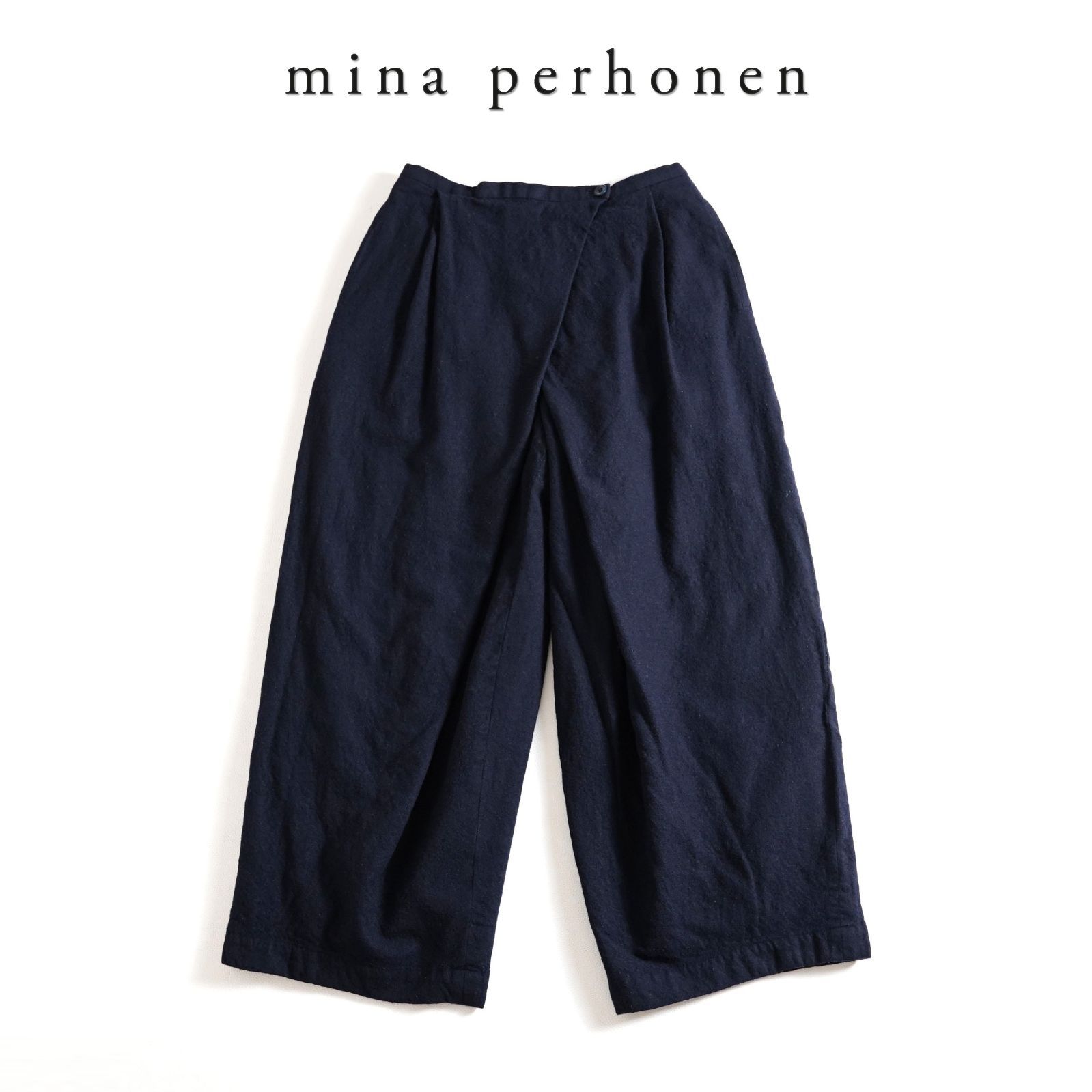 694t mina perhonen ミナペルホネン ウール タック アシンメトリー ワイドパンツ 38 ネイビー