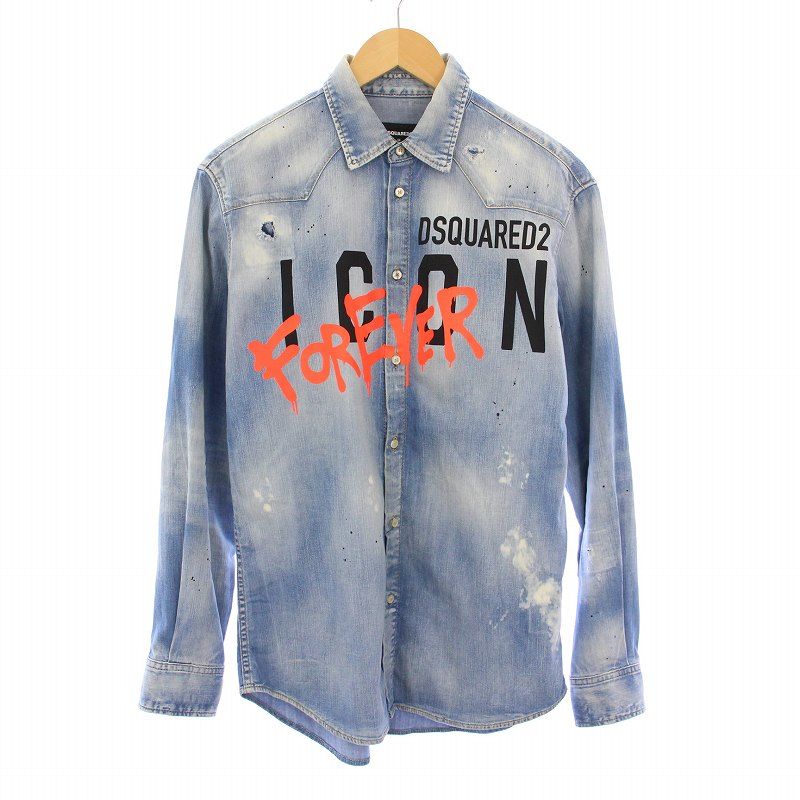 ディースクエアード DSQUARED2 Icon Forever Relax Shirt アイコンフォーエバーリラックスシャツ デニム ウエスタン カジュアル 長袖 レギュラー ロゴ プリント ダメージ加工 加工 青 ブルー
