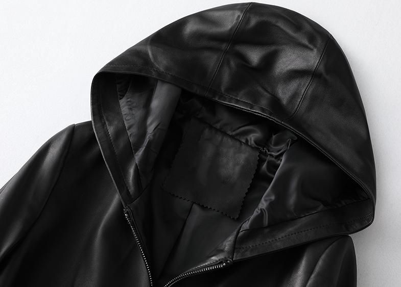 レディース 本革↑超ソフトなラムレザージャケット黒 帽子付ラムレザーコート