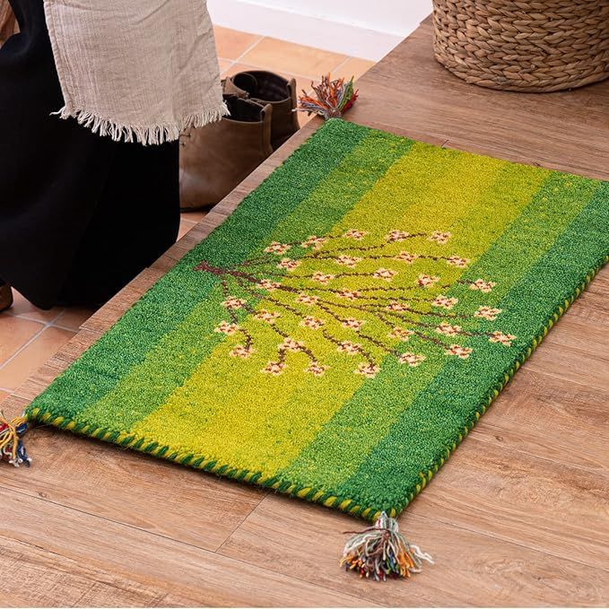 【在庫処分】萩原 ギャッベ 玄関マット 屋内 グリーン 約60×90cm 「GABBEH A8」 贅沢なリラックス空間を
