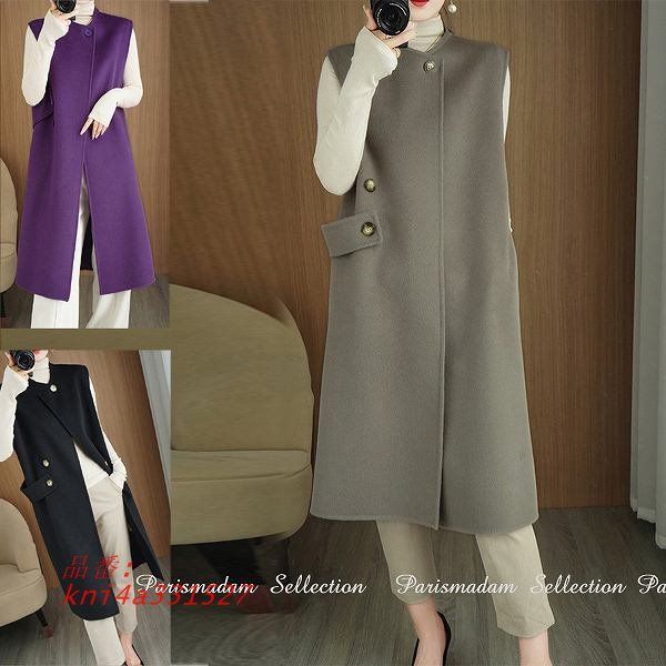 ロングベストワンピース ウール100％ 袖なしコート カシュクール グレージュ 防寒 暖かい 20代30代40代50代60代 kni4a331527