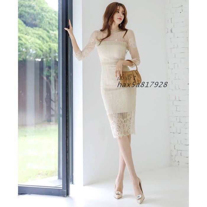 シースルーレース七分袖 膝丈タイトドレスワンピース ベージュ 結婚式 お呼ばれ パーティー 韓国 レース ドレス 刺繍 hax5a817928