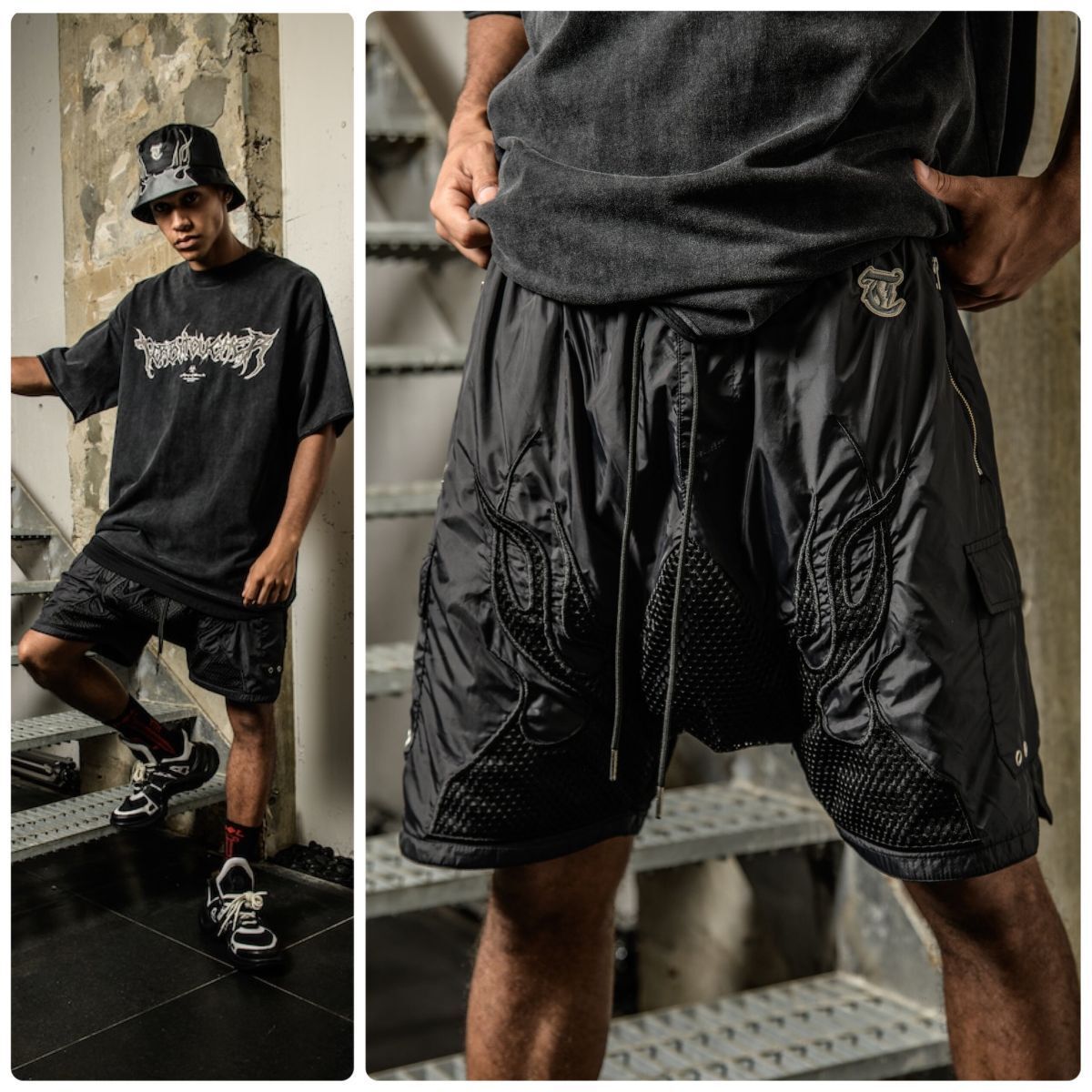 T.C.R BY TOUCHER FLAME SARUEL NYLON SHORTS - BLACK フレイム サルエル ナイロン ショーツ パンツ ショートパンツ メンズ 黒 ブラック