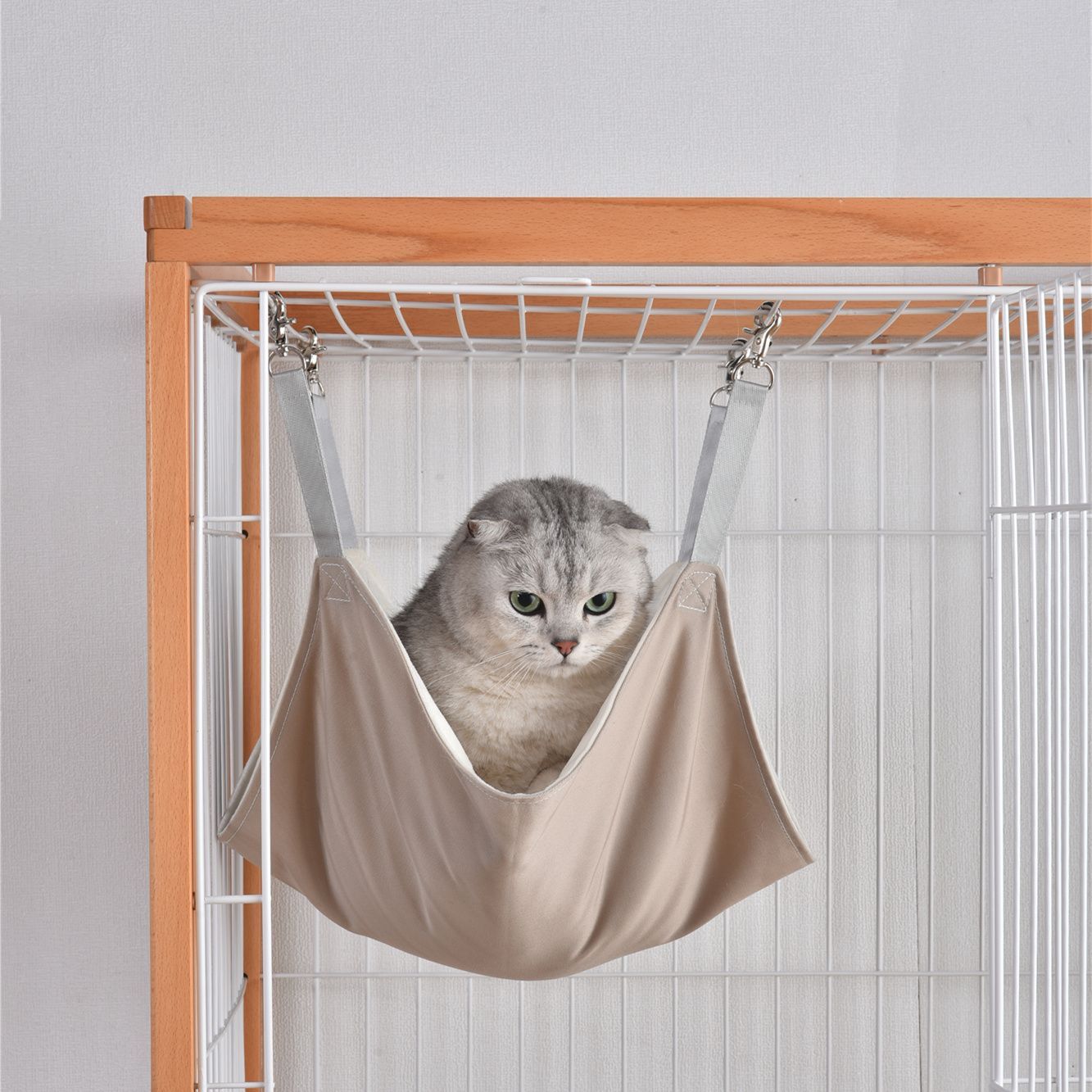 段木製フレーム猫ケージ｜ハンモック付属｜広々大型空間｜ デザイン｜スチール製防脱走構造｜多頭飼い対応｜TX294087AAA