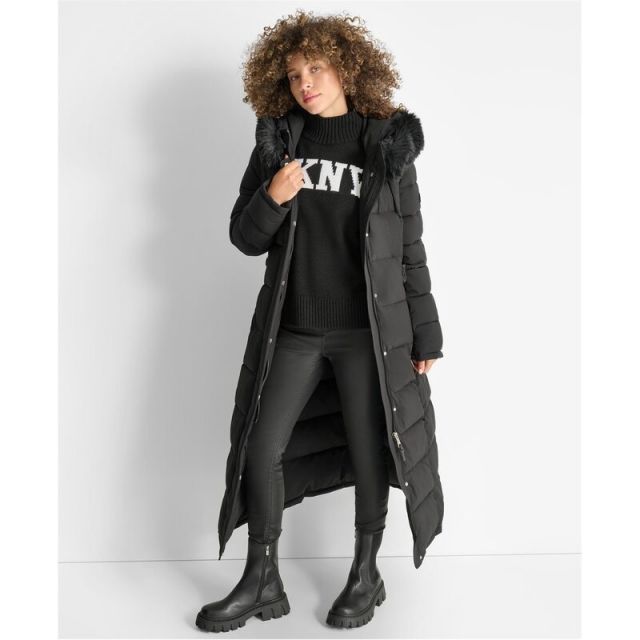 【送料無料】 ダナ キャラン ニューヨーク レディース ジャケット・ブルゾン アウター Long Fur Hood Jacket Black