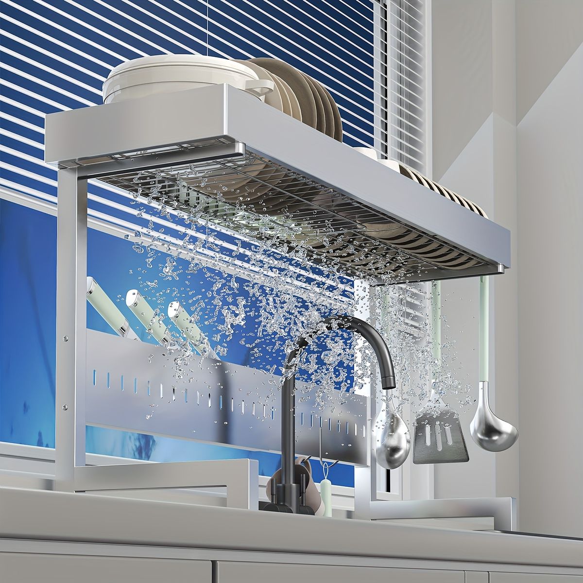 シンク上を有効活用 伸縮式ステンレス製食器ラック ラージ