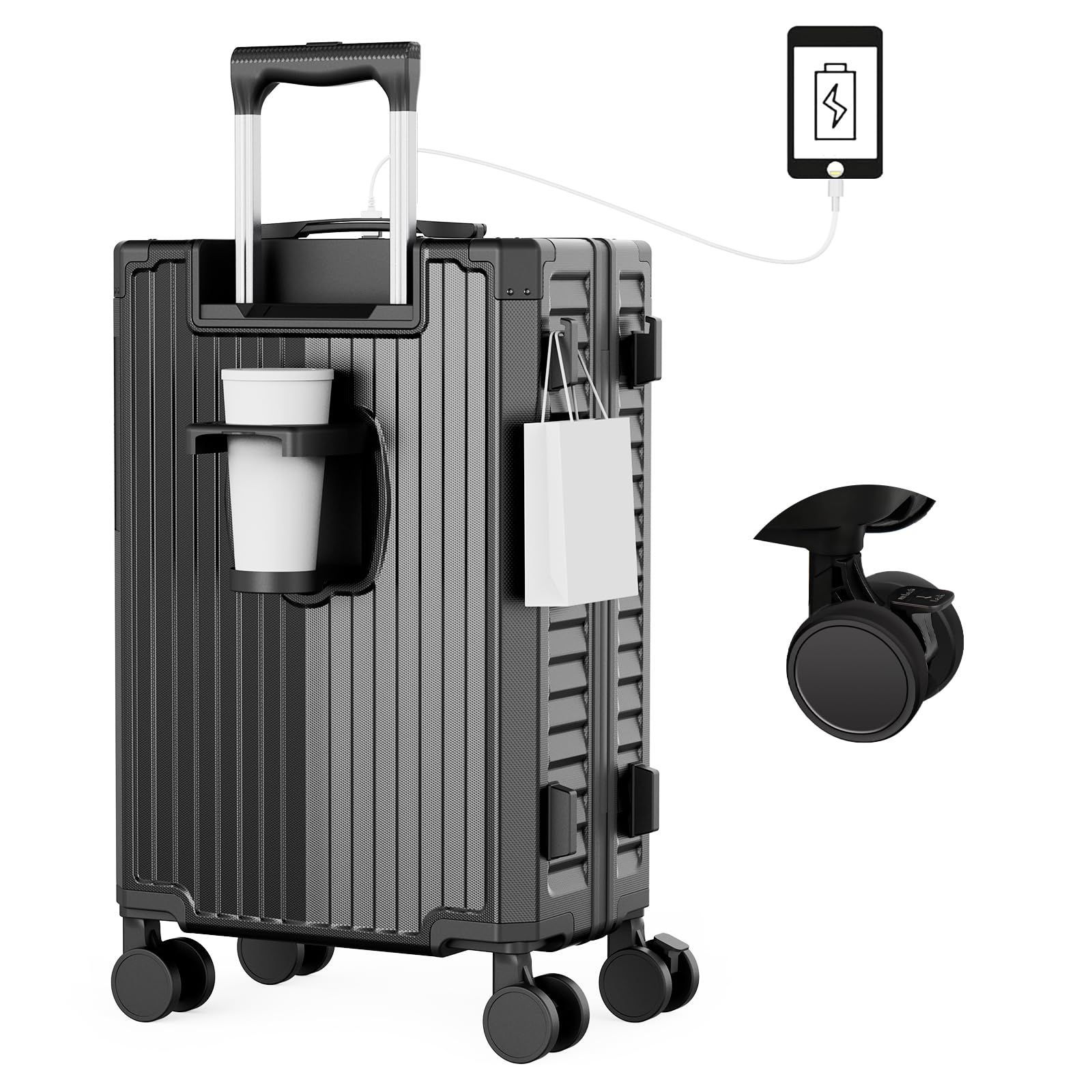 商品 ブラック 出張 Sサイズ 1-3泊 ビジネス 旅行 ファスナータイプ 静音 軽量 多機能スーツケース 物掛けフック ドリンクホルダー付き USBポート付き ストッパー付き静音キャスター キャリーバッグ キャリーケース 機内持ち込み スーツケー