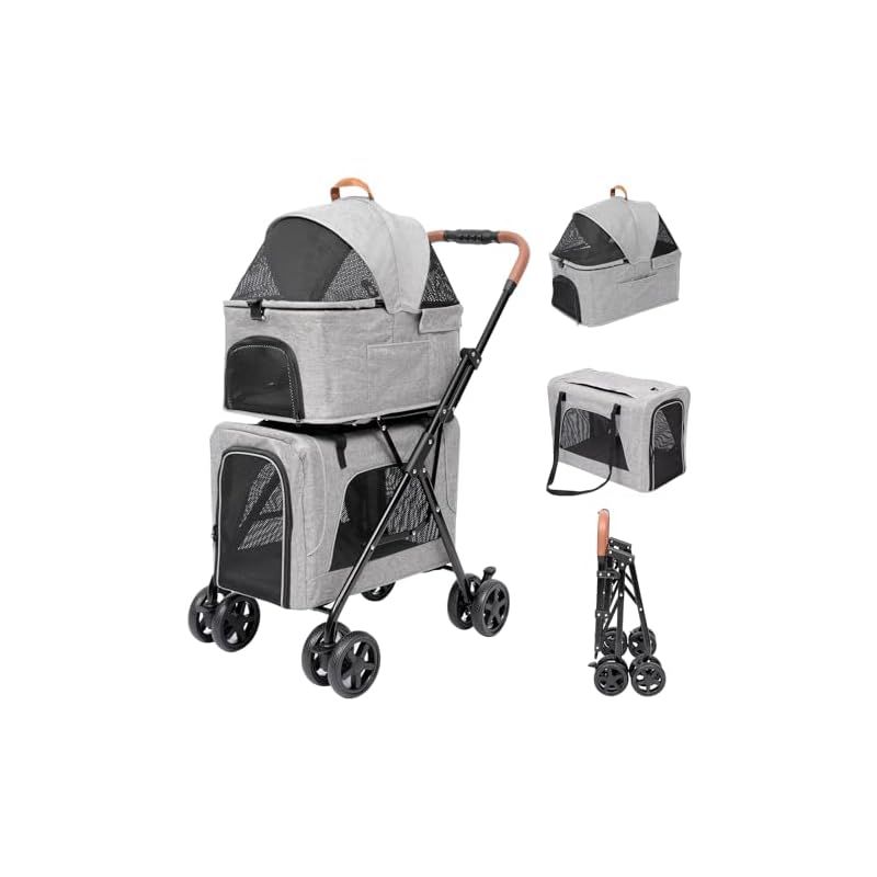 PETTOM ペットカート 2段式の上下段セット 多頭 猫 犬 小型犬 中型犬 取り外し 分離 軽量 お出かけ 多機能 耐荷重 約 上段10KG 下段10KG 0