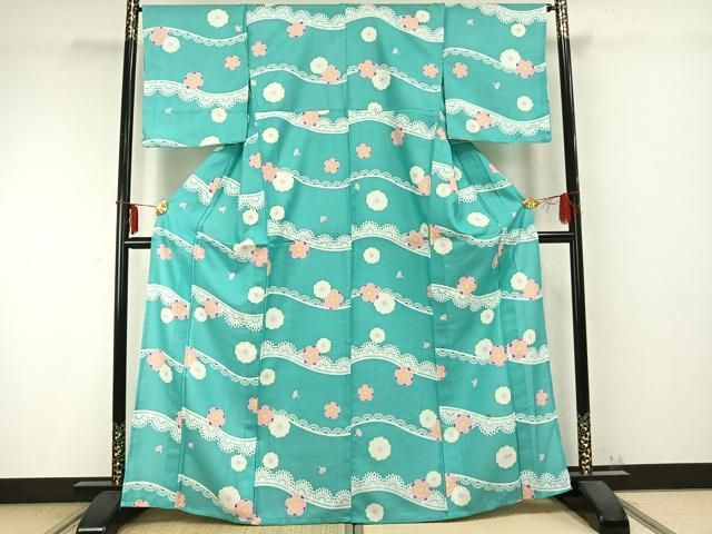 平和屋着物▽小紋 単衣 舞花文 洗える着物 AABC0273fy