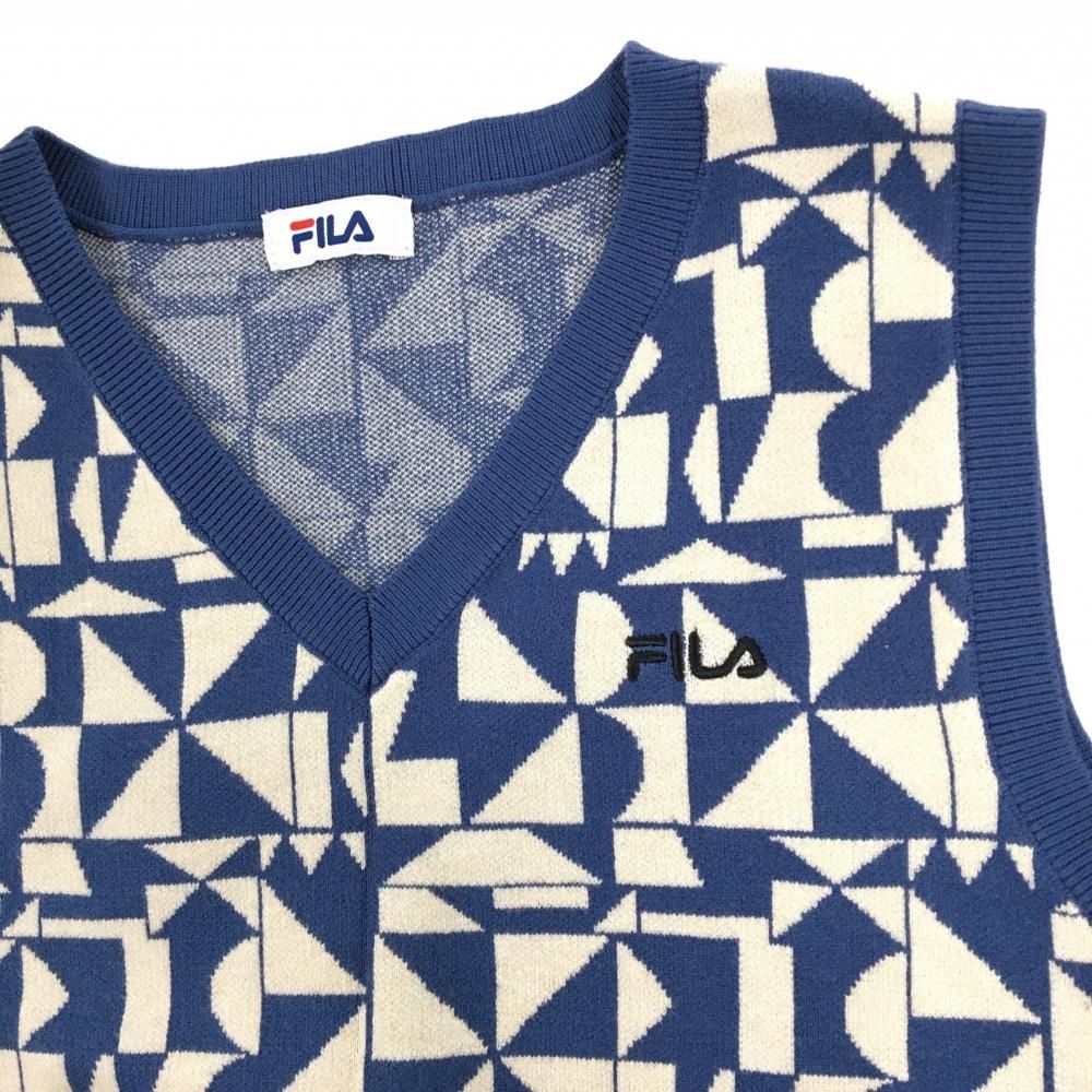 超美品】フィラ ニットベスト ブルー×ライトベージュ 総柄 Vネック