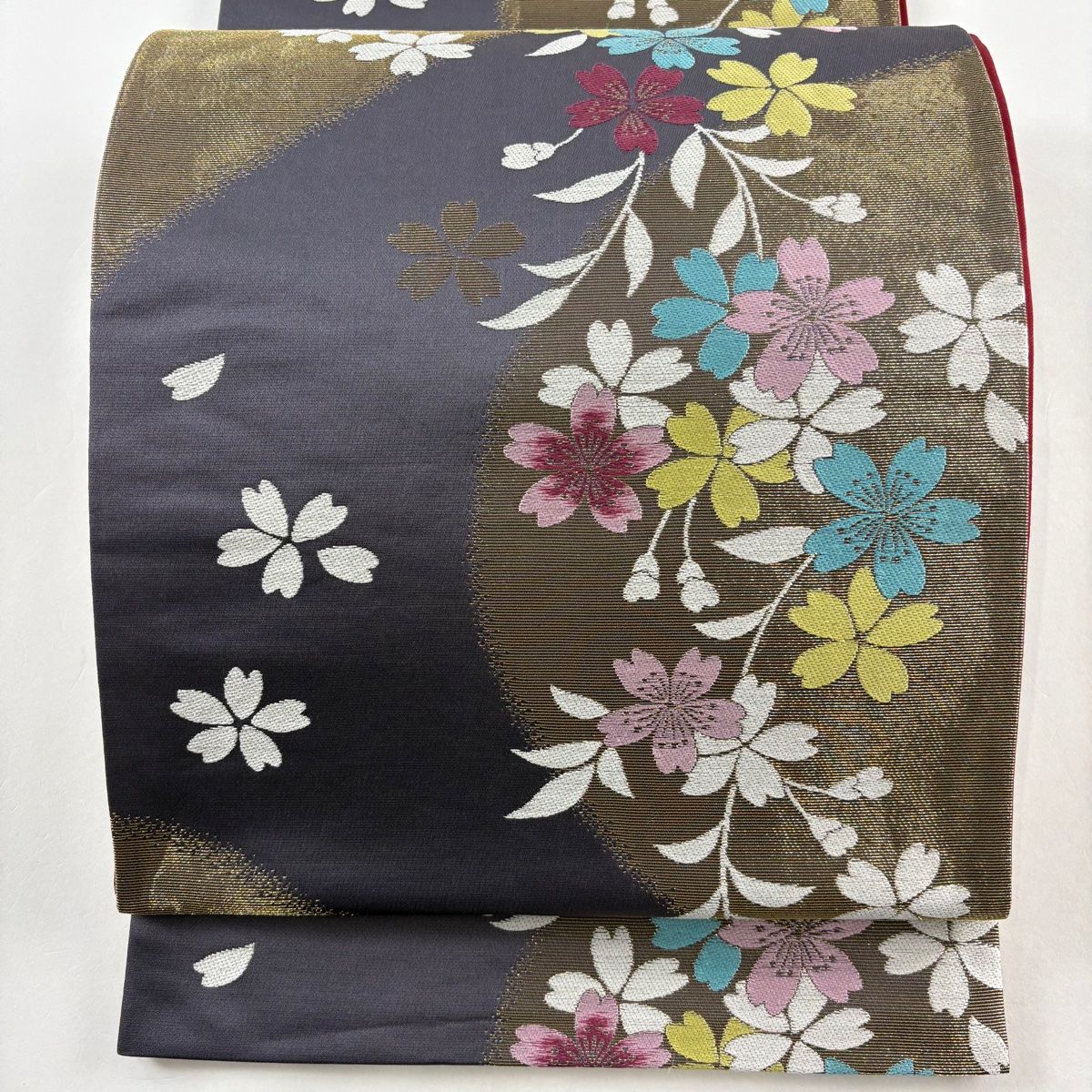 新素材新作 袋帯 美品 秀品 桜 花びら 刺繍 金銀糸 濃紫 六通 正絹 【中古 着物・浴衣