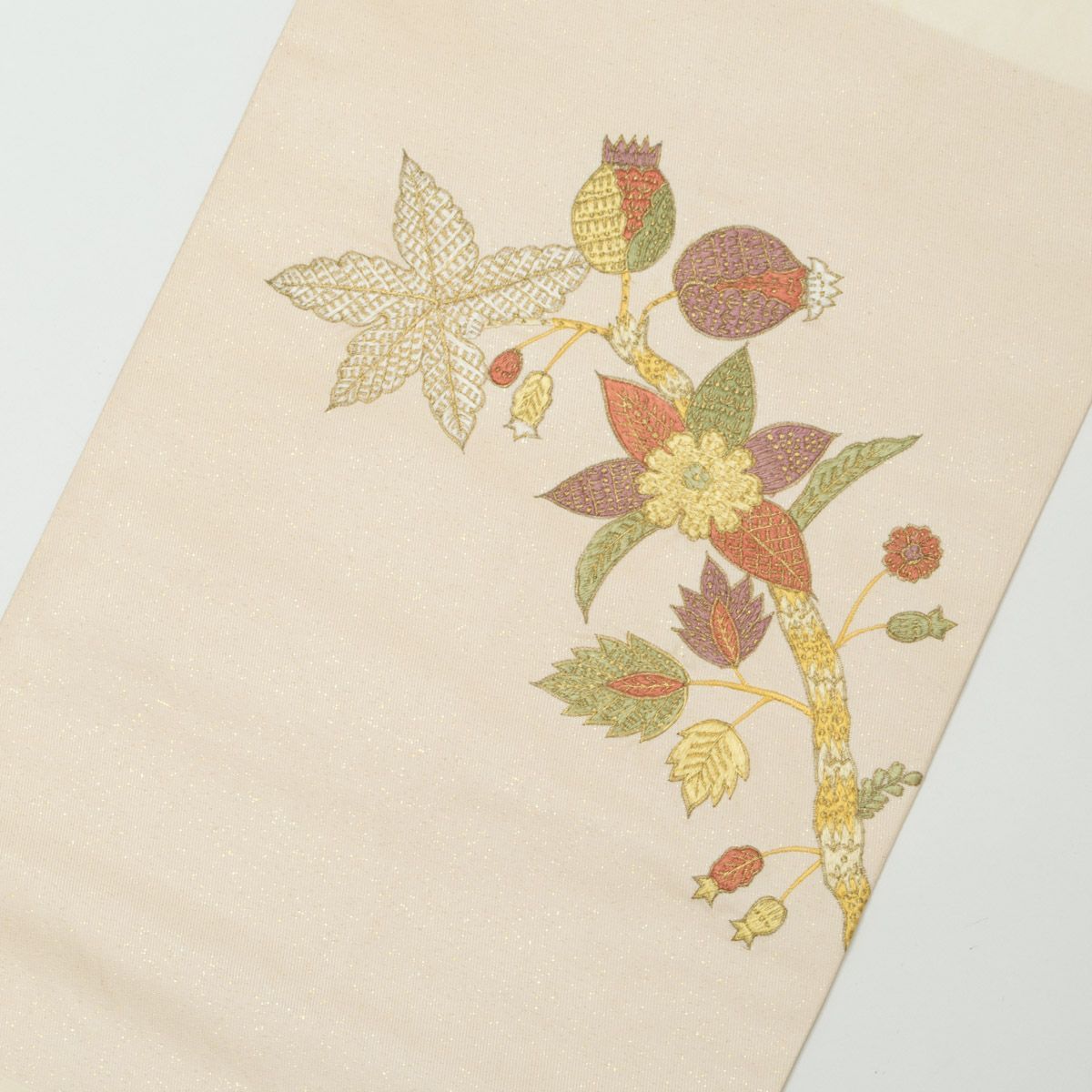 名古屋帯 刺繍 モダン 花更紗柄 クリーム色 西陣織 正絹 九寸