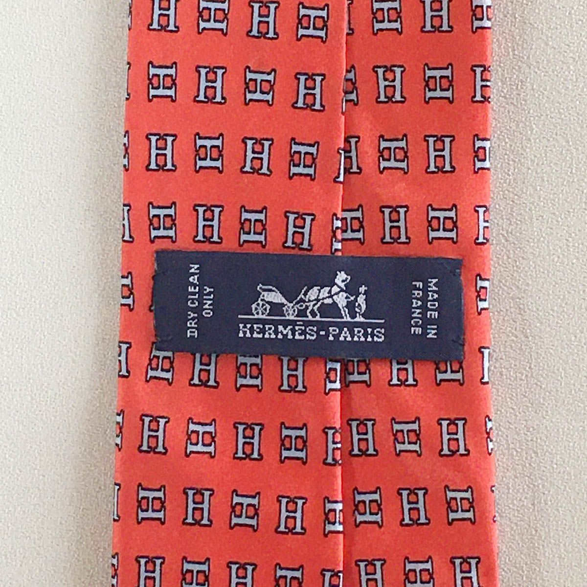 美品 エルメス HERMES ネクタイ シルク100% フランス製 オレンジ系 美品 エルメス HERMES ネクタイ シルク100% フランス製 オレンジ