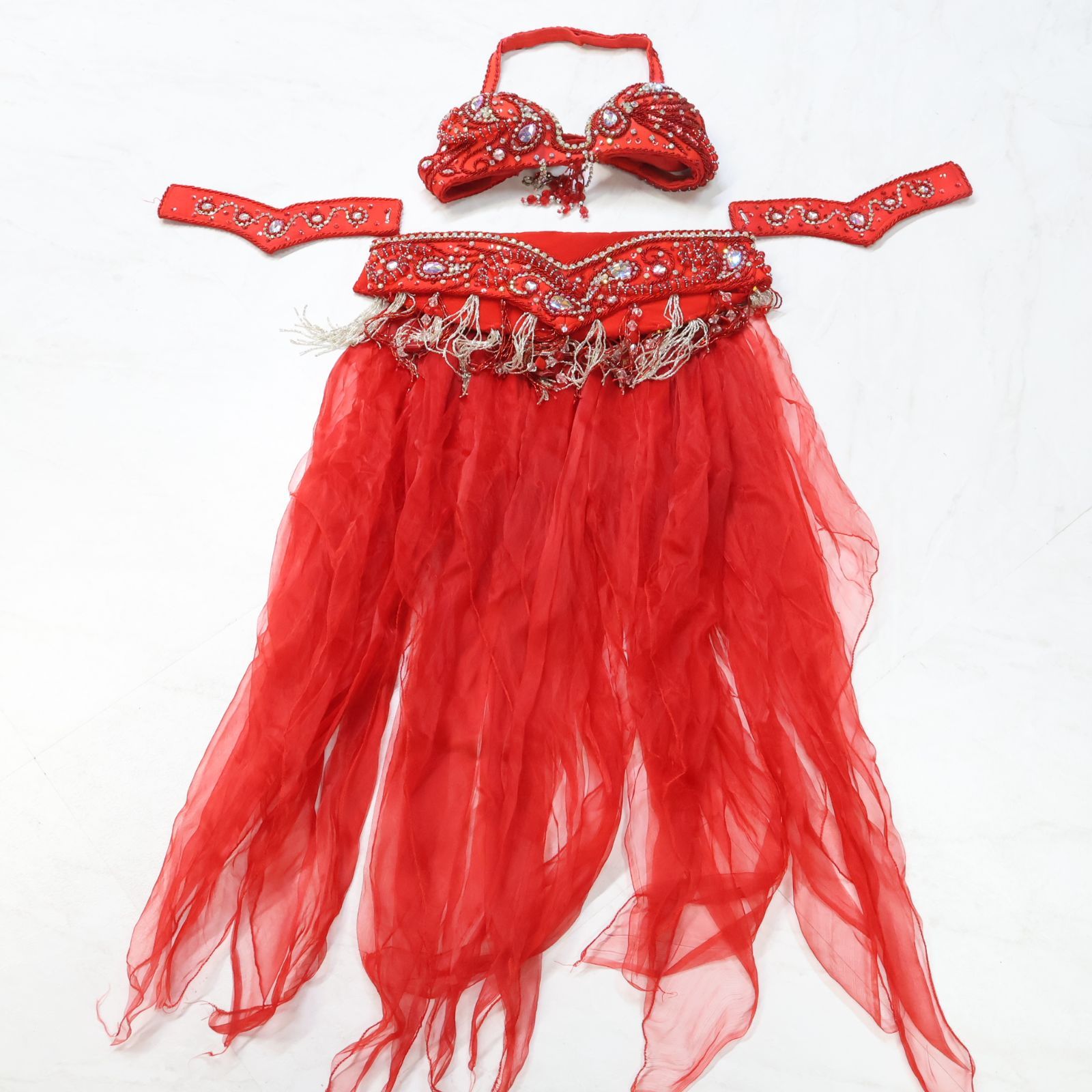 ベリーダンス用 オリエンタル衣装】レッド レース ラインストーン