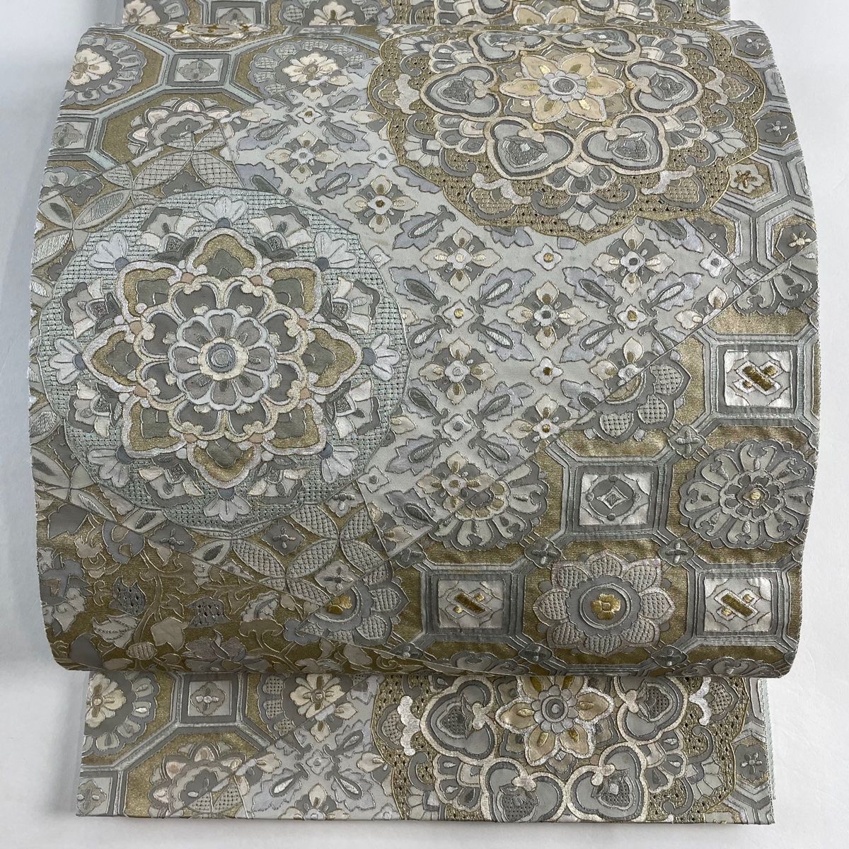 袋帯 華文 蜀江華文 金銀彩 汕頭刺繍 灰色 六通 正絹