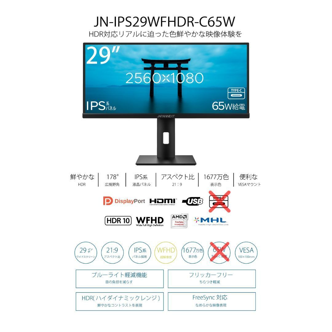 JAPANNEXT 29インチ ワイドFHD(2560 x 1080) 液晶モニター JN-IPS29WFHDR-C65W HDMI DP USB Type-C 液晶ディスプレイ 4589511162965lo