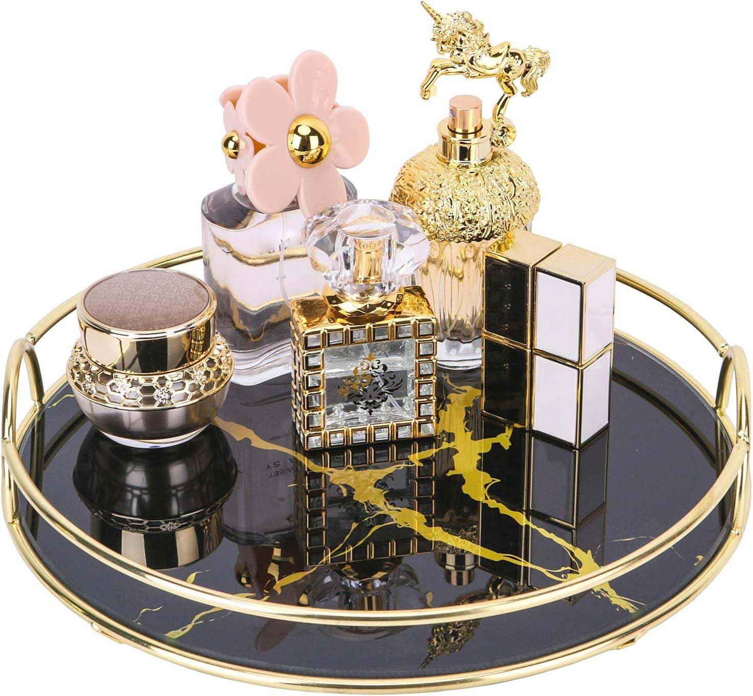 【数量限定】円形化粧品収納 香水/ジュエリー/装飾用 ドレッサー/バスルームカウンター/オットマン/コーヒーテーブル用 装飾ガラス化粧台トレイ サイズ メイクアップオーガナイザー 奥行11
