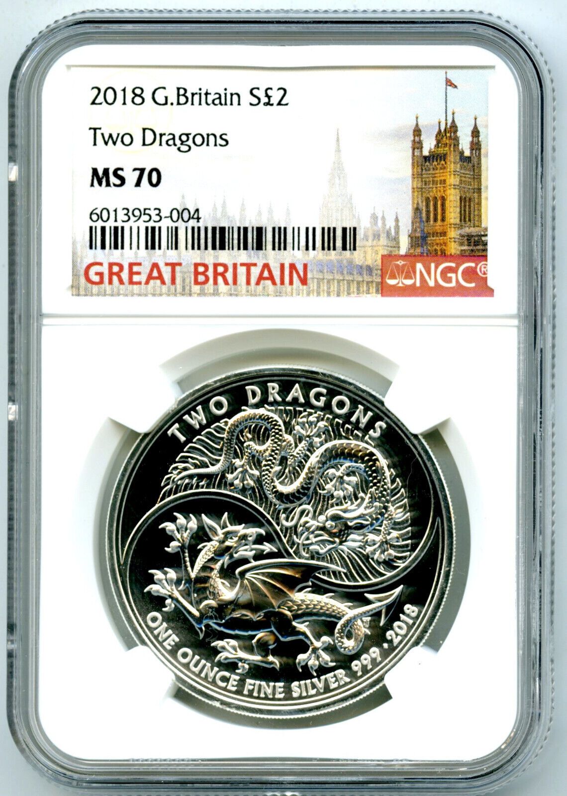 2018 2PD GREAT BRITAIN 1OZ SILVER TWO DRAGONS NGC MS70