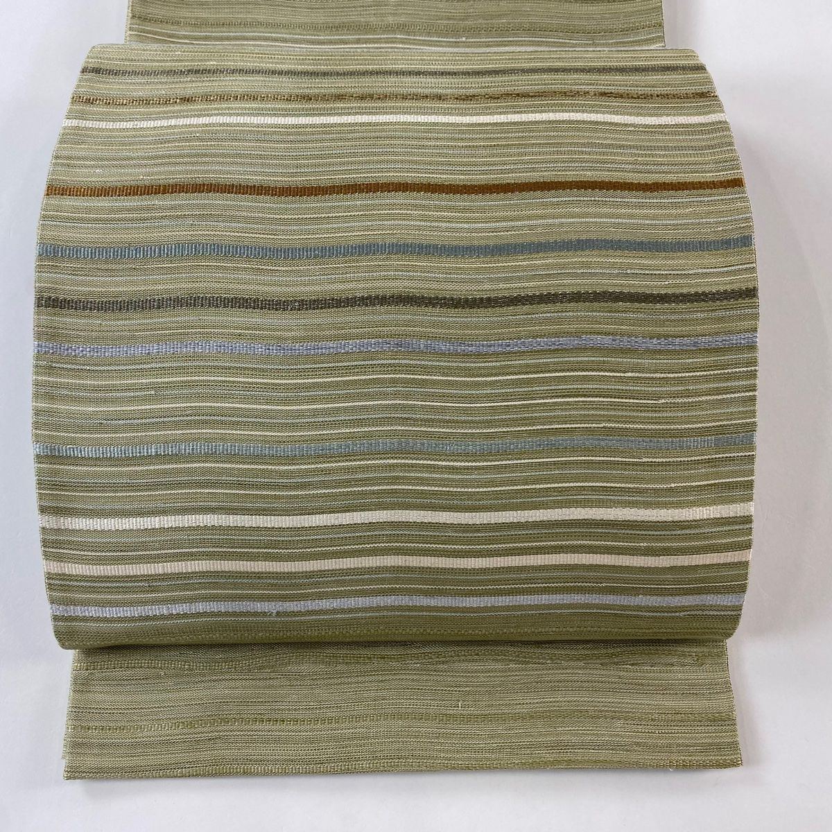 袋帯 秀品 縞 銀糸 抹茶色 お太鼓柄 正絹