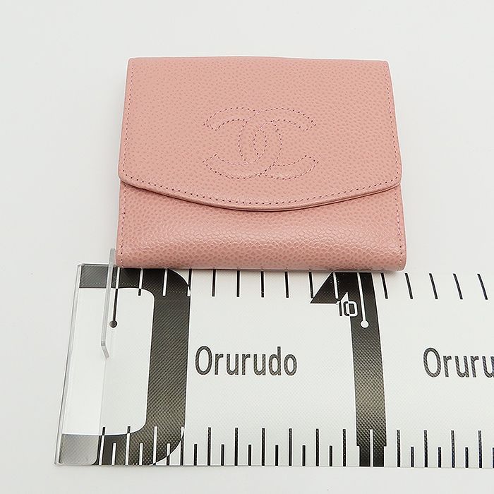 シャネル Wホック コンパクトウォレット キャビアスキン ピンク 二