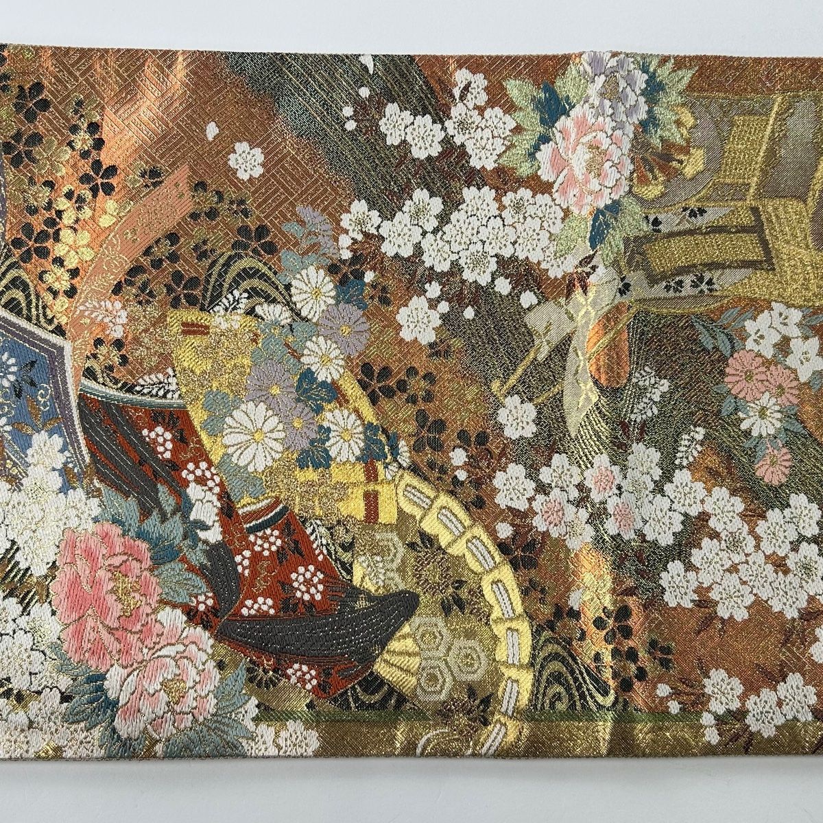 袋帯 秀品 姫 御所車 箔 金糸 オレンジ 六通 正絹 【中古